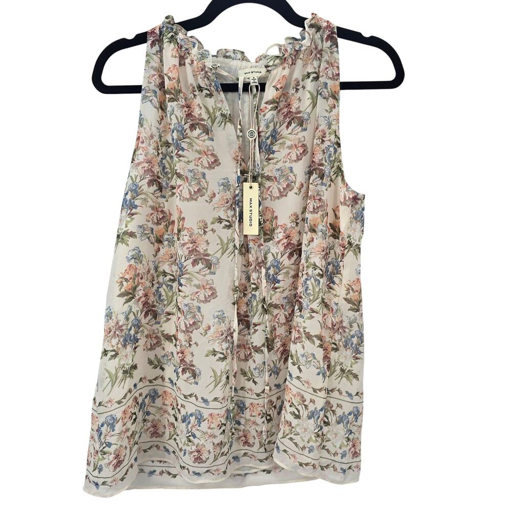 Max Studio Blouse Womens Small White Floral Ruffle Neckline Chiffon Boho New